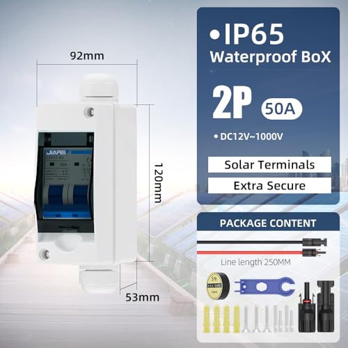 Solar Panel Disconnect Switch 50 Amp 1000V Breaker Box, PV DC Miniature Circuit Breaker Disconnect Box Outdoor with IP65 Waterproof Box