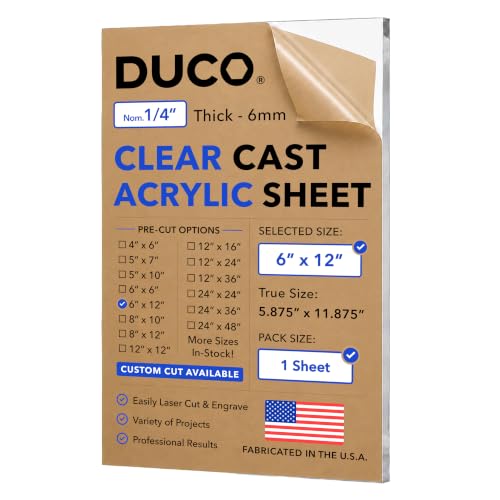 Duco 1/4" Clear Cast Acrylic Sheet, 6"x12" Plexiglass Sheet - color: Clear, size: 6" x 12"