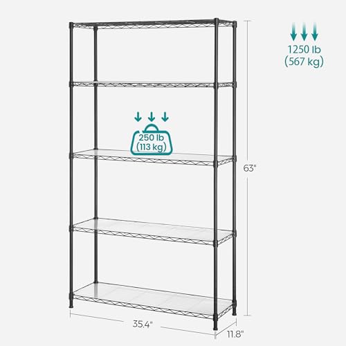 SONGMICS 5-Tier Storage Shelves, Adjustable Wire Shelving Unit, 8 Hooks - color: Ink Black, size: 5 Tiers (11.8"D x 35.4"W)