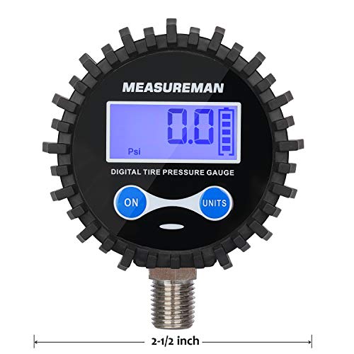 MEASUREMAN 2-1/2" Dial Size Digital Air Pressure Gauge with 1/4'' NPT Bottom Connector and Protective Boot, 0-200psi, Accuracy 1%, Battery Powered, with LED Light - size: Long thread, style: 0-200psi