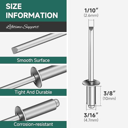 250 Pcs 3/16" x 3/8" Aluminum Blind Pro Rivets, 5 x 10mm Pop Rivets, 3/16 Rivet Aluminum Grip and Steel Mandrel - color: Silver, size: 3/16" x 3/8"
