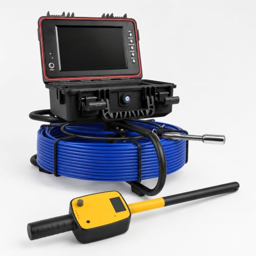 Sewer Camera Self-Leveling 100Ft, Drain Camera for HVAC/Pool/Petrol Pipes, High-Rise Drains, Pest Detection, Pros & DIYers, 9'' HD Screen, IP68, DVR, 32GB - size: 100Ft/30M, Meter Marking, Yellow 512Hz Receiver