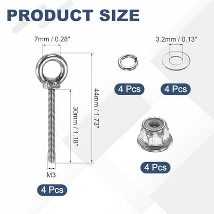 PATIKIL M3 x 30mm Shoulder Eye Bolt, 4 Pcs 304 Stainless Steel Lifting Ring Threaded Eye Bolt with Flange Lock Nuts Spring and Flat Washers for Hanging Tie Down Straps Outdoor Indoor - size: M3 x 30mm