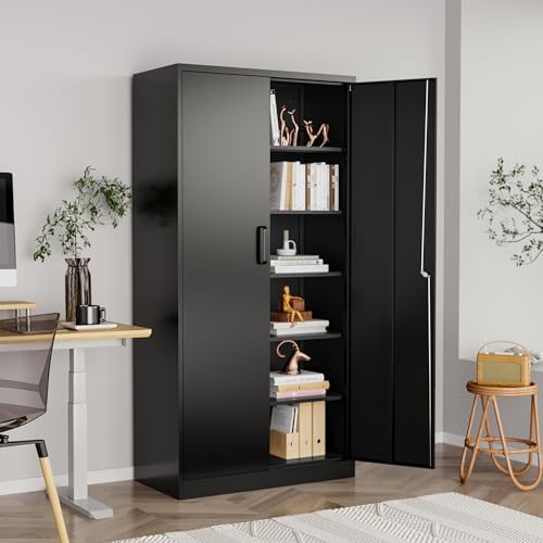 Metal Garage Storage Cabinet, 71" Tall Storage Cabinets with 2 Doors and 5 Adjustable Shelves, Steel Utility Tool Caninet, Black Locking Caninets, Lockable File Cabnet for Home/Office/School - color: Black, size: 71"H x 32"W x 16"D-C