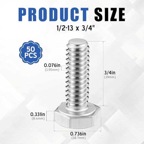 Zonon 50 Pcs 1/2-13 x 3/4" Hex Head Screw Bolt, Silver - color: Silver, size: 1/2-13 X 3/4"