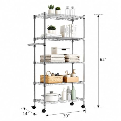 5-Tier Steel Wire Storage Shelving Unit - size: 30"D x 14"W x 62"H - Chrome