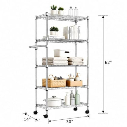 5-Tier Steel Wire Storage Shelving Unit - size: 30"D x 14"W x 62"H - Chrome