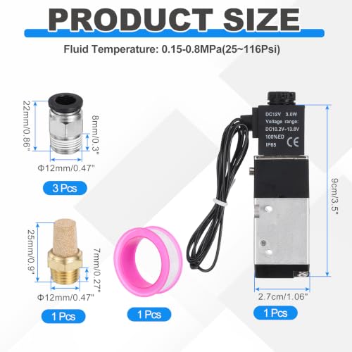 MECCANIXITY 1/8 Inch Pneumatic Valve 12V, 3 Way 2 Position Electric Air Solenoid Valve Manual Control Outlet Wire - size: 1/8 Inch
