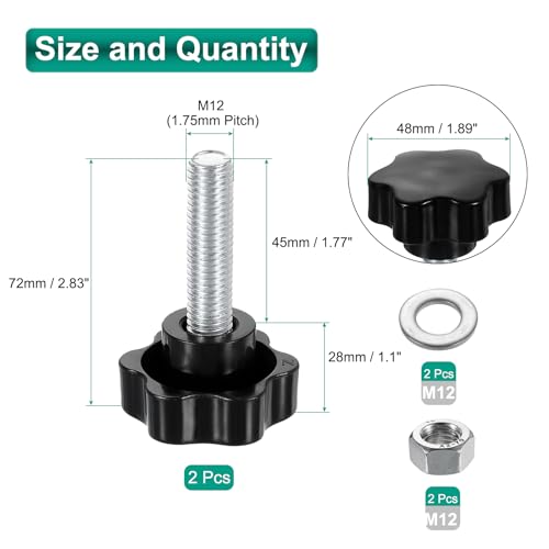 uxcell 2pcs Star Clamping Knobs with Nuts Washers, M12 x 45mm Metric Zinc Plated Carbon Steel Male Thread 48mm 6-Star Plastic Head, Threaded Stud Hand Knobs Handles Thumb Screws, Black - size: M12 x 45mm