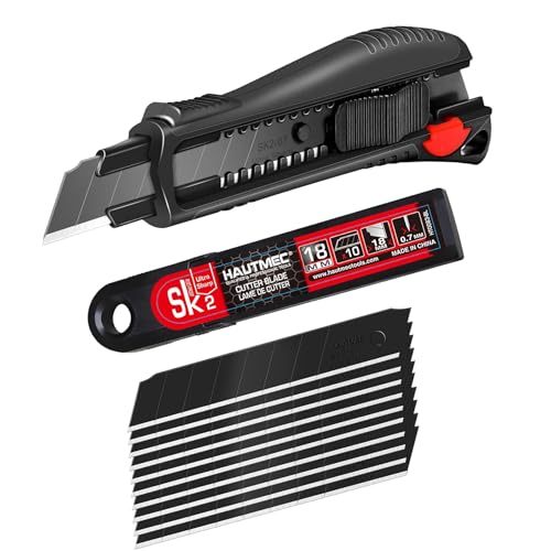 HAUTMEC Pro 18mm Black Auto-Lock Utility Knife Set Including 10pcs Ultra Sharp Black Snap-off Blades in Case, HT0094-KN - style: 18mm Knife with 10 Blades
