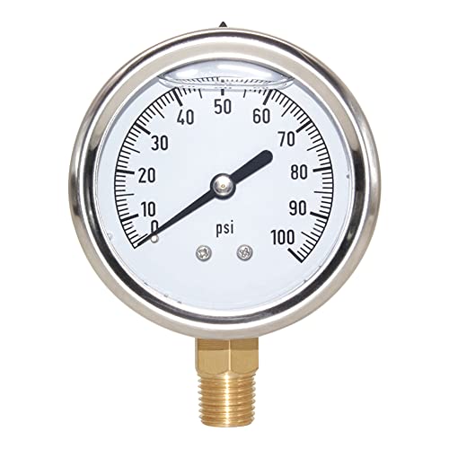 2-1/2" Dial 1/4" NPT 0~100Psi 304 Stainless Steel Glycerin Filled Pressure Gauge Bottom Mount - size: 0-100Psi (liquid filled), style: Lower Mount-1/4"NPT