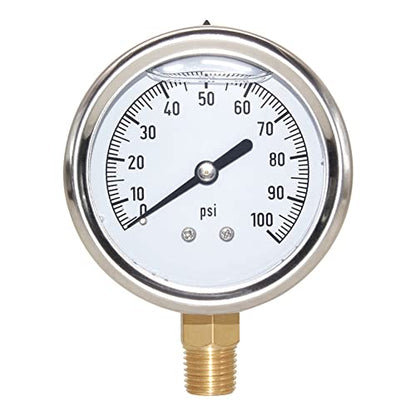2-1/2" Dial 1/4" NPT 0~100Psi 304 Stainless Steel Glycerin Filled Pressure Gauge Bottom Mount - size: 0-100Psi (liquid filled), style: Lower Mount-1/4"NPT