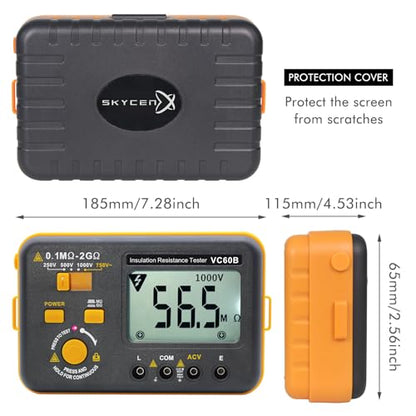 VC60B Digital Insulation Resistance Tester, Electrical Megaohm Meter with 250V/500V/1000V Test Voltage Testing Insulation Resistance IR 0.1MΩ~2GΩ, Multimeter Measure AC Voltage