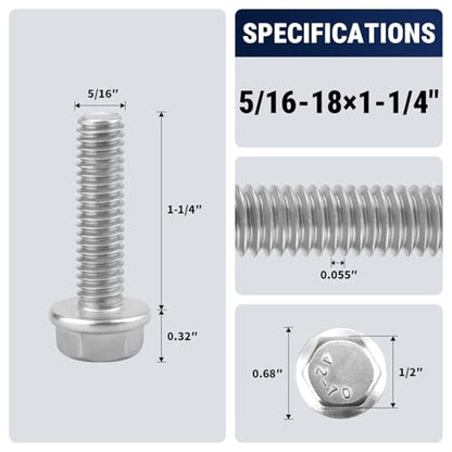 5/16-18 x 1-1/4" Flange Hex Bolts, 304 Stainless Steel 18-8, A2-70 Grade, Non-Serrated Flange Bolts for Automotive Repair, Fully Threaded, 12 Pcs - size: 5/16-18 x 1-1/4