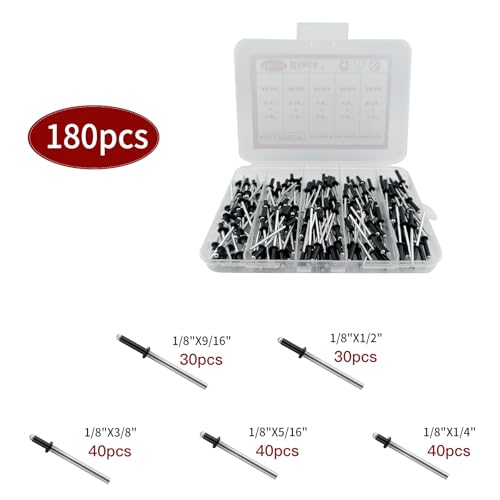 180Pcs Black 1/8 Inches Pop Rivets Assortment Kit,5 Sizes Aluminum Rivets,Aluminum blind pro Rivets for DIY/Metal/Furniture/Instruments - color: Black, size: 1/8 Inches