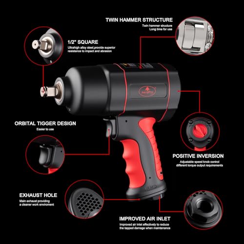 AEROPRO TOOLS 1/2-Inch Air Impact Wrench, Twin Hammer Pneumatic Impact Gun