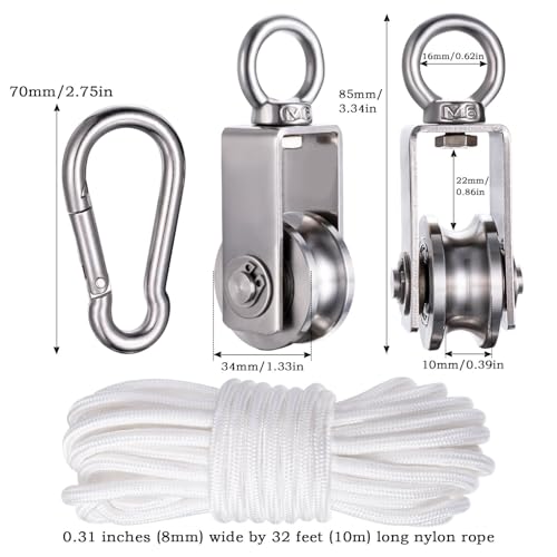 Cable Pulley Block Heavy Duty Stainless Steel, Bearing Inside with 32ft Nylon Rope and 2 Hooks,Swivel Single Pulley Wheel,Good for Pulley Lifing System,Loading 551lb