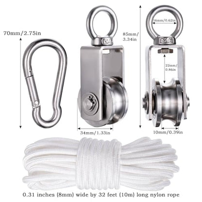 Cable Pulley Block Heavy Duty Stainless Steel, Bearing Inside with 32ft Nylon Rope and 2 Hooks,Swivel Single Pulley Wheel,Good for Pulley Lifing System,Loading 551lb