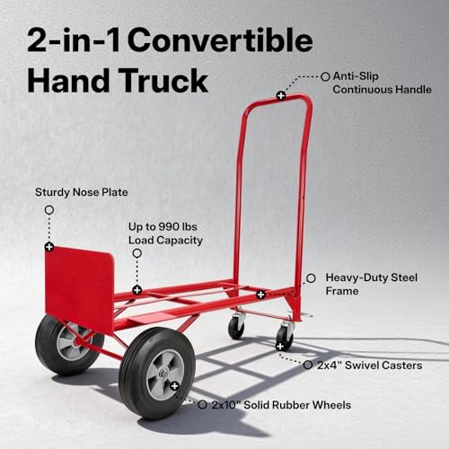 NORTHSKY 2-in-1 Convertible Hand Truck & Platform Cart, 990 lbs Heavy Duty Folding Dolly with 10" Solid Rubber Wheels, Steel Frame Hand Truck Dolly for Moving, Warehouses, Garages – Beveled Nose Plate