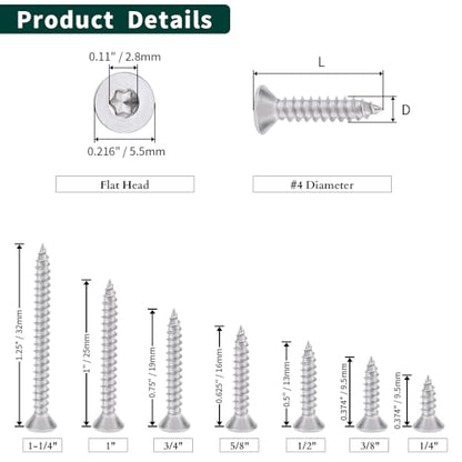 #4 x 1 Flat Head Torx Drive Self Tapping Screws for Wood and Sheet Metal, 304 Stainless Steel 18-8, Corrosion Resistant Countersunk Star Drive Head Screws, Pack of 100 - size: #4 x 1"
