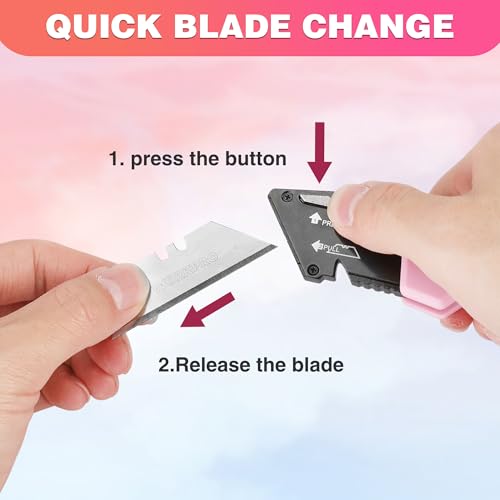 WORKPRO Folding Utility Knife, Quick Change Box Cutter, Pink - color: Pink