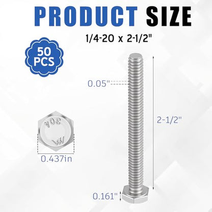Zonon 50 Pcs 1/4-20 x 2-1/2" Hex Head Screw Bolt, Silver - color: Silver, size: 1/4-20 X 2-1/2"