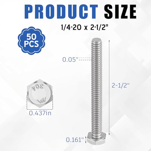 Zonon 50 Pcs 1/4-20 x 2-1/2" Hex Head Screw Bolt, Silver - color: Silver, size: 1/4-20 X 2-1/2"