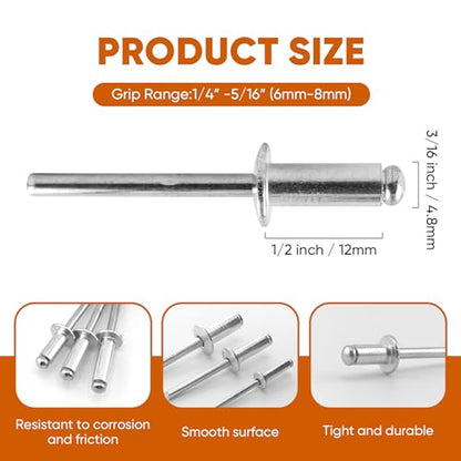 ALLCLEAN 155 Pcs 3/16" x 1/2" Aluminum Blind Rivets,4.8 x 12mm Pop Rivets,Aluminum Grip and Steel Mandrel - color: Aluminum, size: 3/16"x1/2"