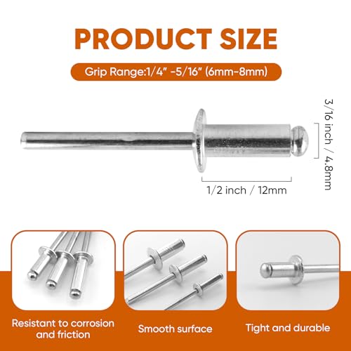 ALLCLEAN 155 Pcs 3/16" x 1/2" Aluminum Blind Rivets,4.8 x 12mm Pop Rivets,Aluminum Grip and Steel Mandrel - color: Aluminum, size: 3/16"x1/2"