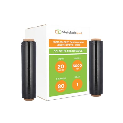 PSBM 1 Roll Dark Black 20 Inch x 5000 Feet 80 Gauge Machine Stretch Film/Wrap, Heavy Duty Industrial Strength Shrink/Plastic Wrap for Moving, Packing, Shipping, Pallet Wrapping & Storage - color: Black, size: 1 Roll