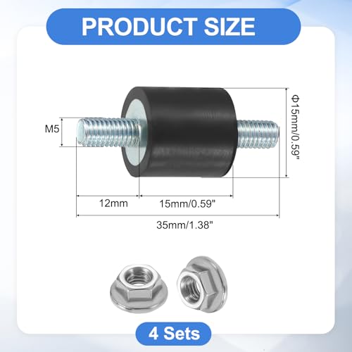 uxcell 4Pcs M5 x 12mm Rubber Mounts, 15 x 15mm Cylindrical Anti Vibration Isolator Studs Shock Absorber Double Studs with Nuts for Car Bobbin Generator Air Compressors - size: M5 x 12mm, 15 x 15mm
