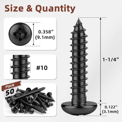Mellewell #10 x 1-1/4" Pan Head Self Tapping Screw, Pan Head Sheet Metal Screws Wood Screws, Black Finish Stainless Steel 304 (18-8), 50 Pack - color: Black, size: #10 x 1-1/4"