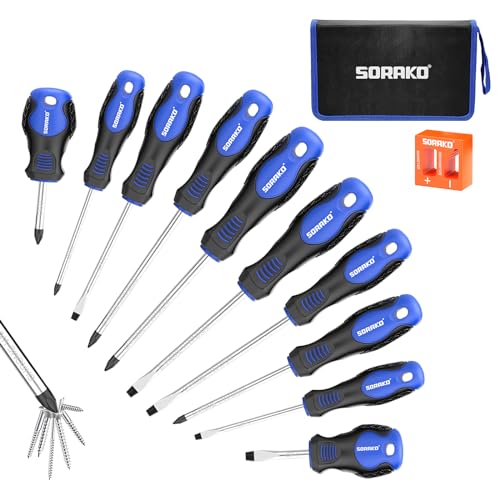 SORAKO 12 Piece Magnetic Screwdriver Set 5 Phillips and 5 Flat 1 Magnetising Tool 1 Storage Bag Professional Cushion Grip Hand Tools Set for Fastening and Loosening Seized