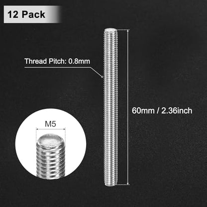 M METERXITY 12-Pack Fully Threaded Rod, M5x60mm 304 Stainless Steel Right Hand Thread Bar Studs for Furniture Anchor Bolts/Clamps/U-Bolts, Metric Threaded Screw - size: M5x60mm