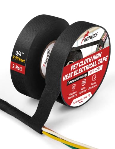 RED WOLF Noise Damping PET Electrical Wire Tape 3/4 Inch x 90 Feet 2 Roll High Heat Abrasion Resistance Self-Adhesive Fabric Cloth Tape Wrap Wiring Loom for Automotive Engines Cable Protection - size: 3/4 inch - 90 Ft (2-Pack)