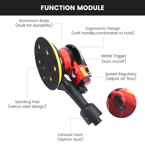 Professional Air Random Orbital Palm Sander, Dual Action Pneumatic Sander, Low Vibration, Heavy Duty Connect to Vacuum Cleaner