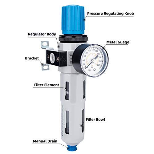 NANPU 1/4" NPT High Pressure Compressed Air Filter Regulator Water/Oil Trap Separator - Gauge(0-230 psi), Poly Bowl,Semi-Auto Drain, Bracket - size: 1/4" NPT