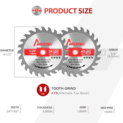 MAZING 4 PCS 4-1/2 Inch 24T&40T Circular Saw Blades, 4.5 inch TCT Compact Circular Saw Blade with 3/8" Arbor, ATB Design, Fit for Woodworking Cutting Plywood, Soft & Hardwood, Wood with Nails - style: 4-1/2" 24&40T-4Pack