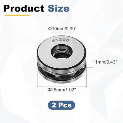 uxcell 2Pcs Thrust Ball Bearings, 10mm Bore 26mm OD 11mm Thick 51200 ABEC5 - size: 51200 10mm x 26mm x 11mm
