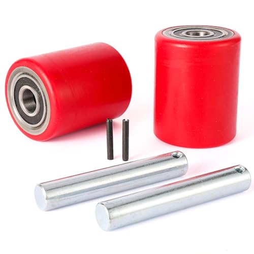 Two Packs of Pallet Jack/Truck Wheels 3” x 3.75” PU Poly Tread, 20mm ID Bearings, Full Set with Axles, Pins and Entry Exit Roller - color: Red