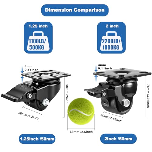 W B D WEIBIDA 1.25inch Swivel Plate Caster Wheels Set of 4 Heavy Duty, Extra Width Wheel & Steel Industrial Caster with Brake, Endurance & Quiet & Sturdy Nylon Wheels for Home Use, 1100lbs Capacity - style: 1.25 inch(Metal)