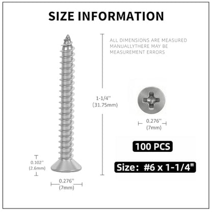 #6 x 1-1/4 [100 Pack] Flat Head Phillips Drive Self Tapping Screws, Sheet Metal Screws, 304 Stainless Steel (18-8), Corrosion Resistant Screws for Wood, Sheet Metal and More - size: #6 x 1-1/4