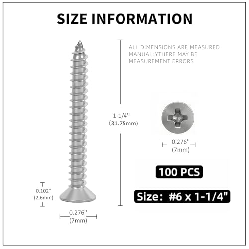 #6 x 1-1/4 [100 Pack] Flat Head Phillips Drive Self Tapping Screws, Sheet Metal Screws, 304 Stainless Steel (18-8), Corrosion Resistant Screws for Wood, Sheet Metal and More - size: #6 x 1-1/4