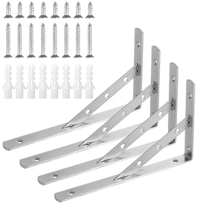 Solid Shelf Brackets 10 Inch ,4-Pack L Brackets Heavy Duty Shelf Brackets,90 Degree Triangle Shelf Bracket Stainless Steel Angle Bracket Max Load 440lbs.(Silver) - size: 10 Inch 4-Pack(Solid Brackets)
