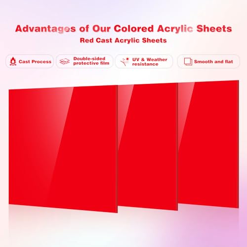 Adrattnay Red Acrylic Panels 1/8" Thick, 3Pcs 8 x 8" Opaque Sheets for Laser Cutting & Engraving - color: Red