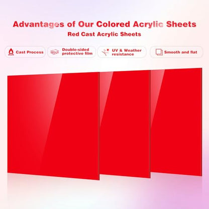 Adrattnay Red Acrylic Panels 1/8" Thick, 3Pcs 8 x 8" Opaque Sheets for Laser Cutting & Engraving - color: Red