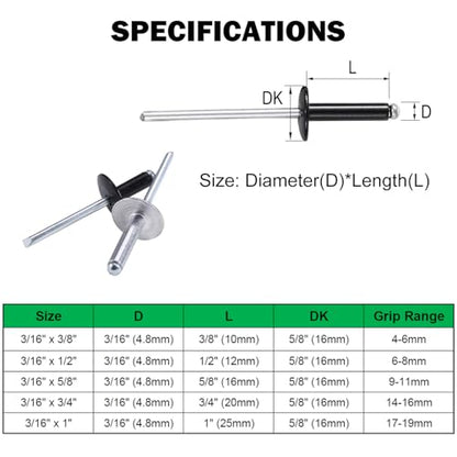 Maozaa 50 pcs 3/16" x 3/8" Large Flange Black Aluminum Blind Rivets, 4.8 x 10mm Pop Rivets, Blind Rivets for Metal - color: Black, size: 3/16" x 3/8"