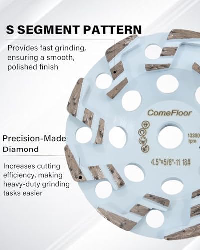 4.5 Inch Diamond Grinding Cup Wheel for Concrete & Masonry, 5/8"-11 Threaded, ComeFloor High Performance Heavy Duty Grinder Wheel for Thinset Removing