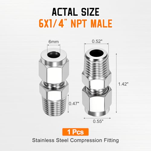 6mm OD Compression x 1/4" NPT Male Union Coupling Connector - size: 1/4"OD Compression x 1/4" NPT Male