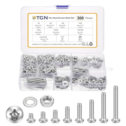 DTGN #8-32 Phillips Pan Head Machine Screw W/Nut&Washer 304 300Pcs - size: #8-32
